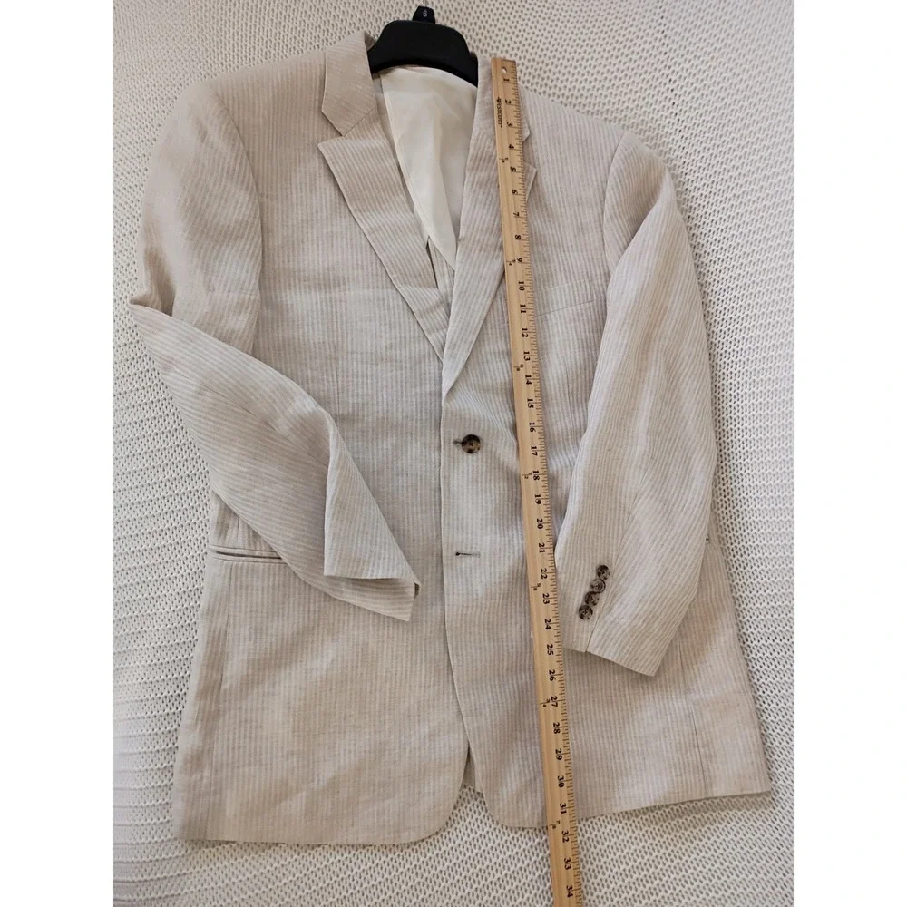 John W Nordstrom‎ Beige Herringbone Stripe 100% Linen Sport Coat Blazer 42R $395